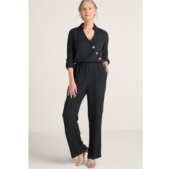 Soft Surroundings Cannes Black Crinkle Gauze Jumpsuit Petite Small - Picture 8 of 12